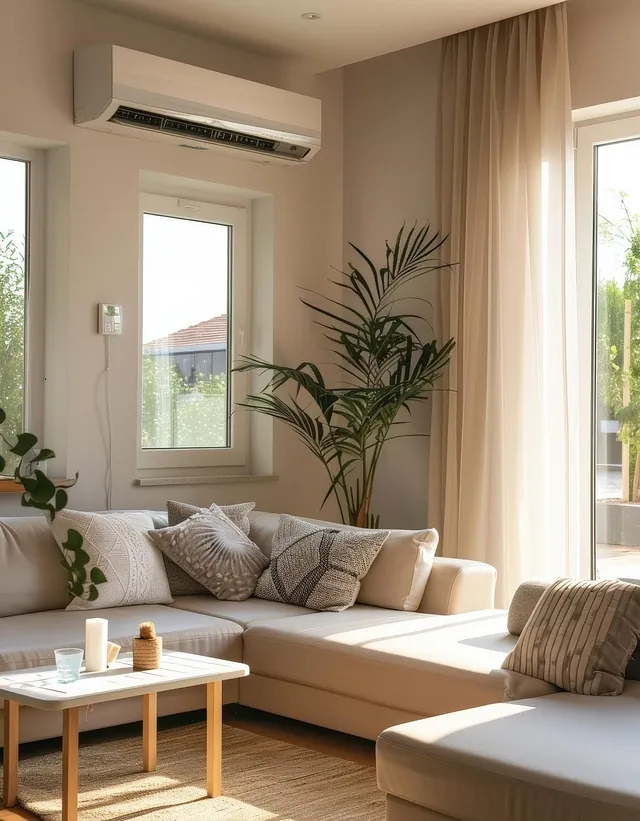 Del av stue med lys sofa og varmepumpe